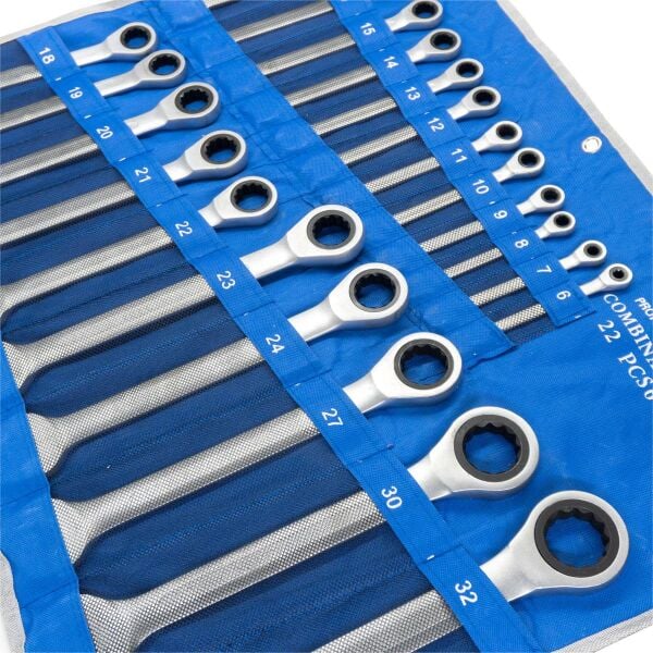 NEXON 6125 6-32 mm Cırcır Kombine Anahtar Takımı 22 Parça (Bez Çanta)