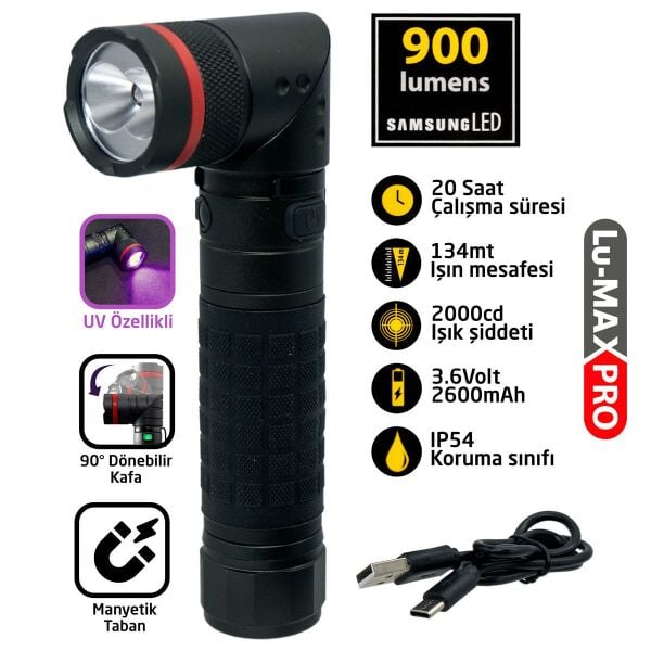 CETA R.L7R Şarjlı Uv Özellikli El Feneri 900 Lümen (Focus Özellikli)