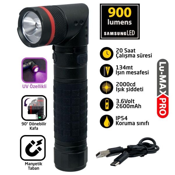 CETA R.L7R Şarjlı Uv Özellikli El Feneri 900 Lümen (Focus Özellikli)