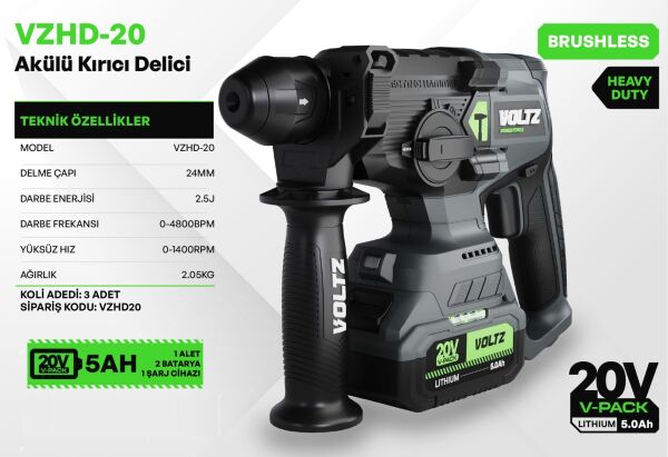 VOLTZ VZHD-20  20 Volt Akülü Kırıcı Delici 5.0 Ah Çift Akülü