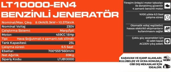 LUTIAN LT10000 EN-4 8.3 Kw Benzinli Marşlı Jeneratör