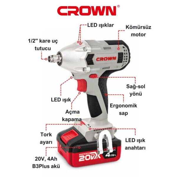 CROWN CT22015HX-4 TB Şarjlı Somun Sıkma 20 Volt 4.0 Amper Çift Akülü