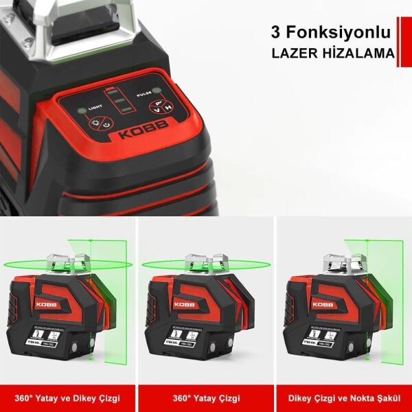 KOBB KBL32G Prefesyonel Li-On Yatay 360° Ve Dikey Otomatik Hizalamalı Yeşil Nokta Ve Şakül Ve Yeşil Çapraz Çizgi Lazer