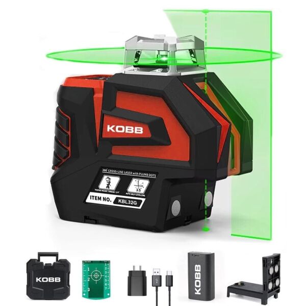 KOBB KBL32G Prefesyonel Li-On Yatay 360° Ve Dikey Otomatik Hizalamalı Yeşil Nokta Ve Şakül Ve Yeşil Çapraz Çizgi Lazer