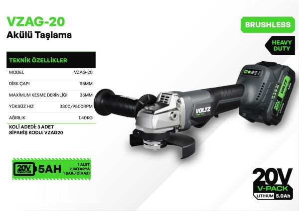 VOLTZ VZAG-20 Akülü Avuç Taşlama 20 Volt 5 Amper Çift Akülü