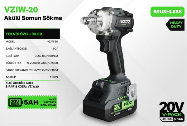 VOLTZ VZIW-20 Şarjlı Somun Sıkma 20 Volt 5 Amper Çift Akülü 1/2 Soket