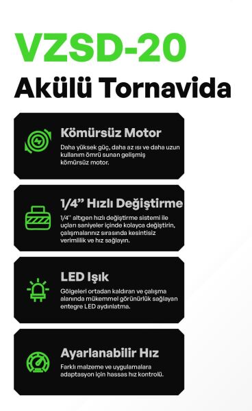 VOLTZ VZSD-20 Akülü Torklu Vidalama 20 Volt Çift Akülü 5 Ah 1/4 Soket
