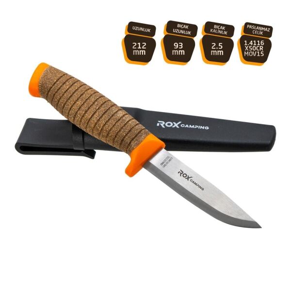 ROX CAMPING 0321 Busch Craft Plus Paslanmaz Çelik Kamp Bıçağı (Turuncu)