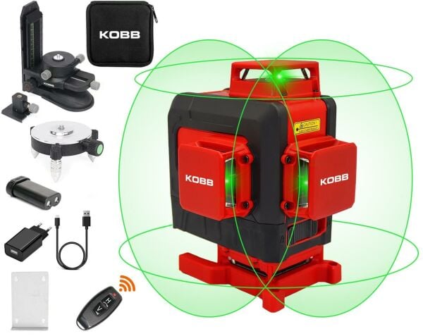 KOBB  KBL35G Profesyonel Li-ion Şarjlı 4X360⁰ Otomatik Hizalamalı Yeşil Çapraz Çizgi Lazer Distomat + Uzaktan Kumanda