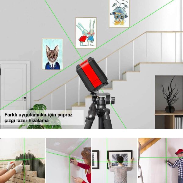 KOBB KBL92G Yatay ve Dikey Otomatik Hizalamalı Yeşil Çapraz Çizgi Lazer, 2 Noktalı Şakül Lazer Distomat + Mini Tripod