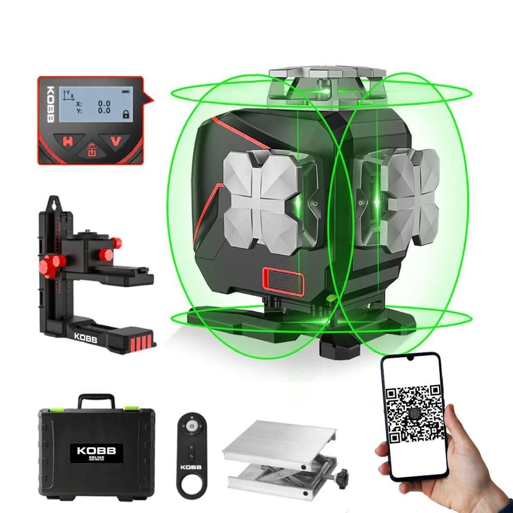 KOBB KBL36G Profesyonel Li-ion Şarjlı ve Pilli 4X360⁰ Otomatik Hizalamalı Yeşil Çapraz Çizgi Lazer Distomat Terazi + Uzaktan Kumanda