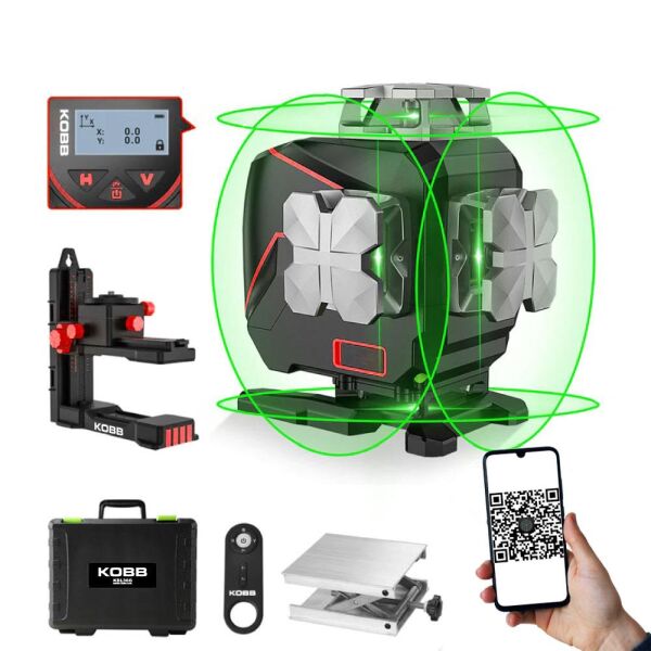 KOBB KBL36G Profesyonel Li-ion Şarjlı ve Pilli 4X360⁰ Otomatik Hizalamalı Yeşil Çapraz Çizgi Lazer Distomat Terazi + Uzaktan Kumanda