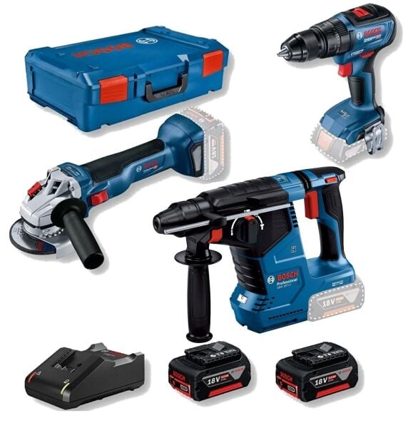 BOSCH GBH 187+GWS 18+GSR 18 Akülü Kırıcı Delici - Taşlama - Matkap  Seti 5.0 Ah Çift Akü