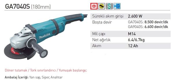 MAKİTA GA 7040 S 2600 Watt 180 mm Taşlama
