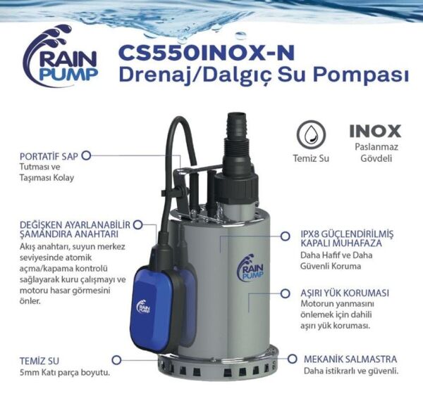Rainpump CS550INOX-N Paslanmaz Gövdeli Drenaj Dalgıç Pompa