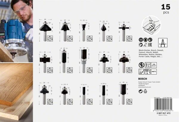 BOSCH 8 mm Saplı Profesyonel Ahşap Freze Bıçak Seti 15 Parça (2607017472)