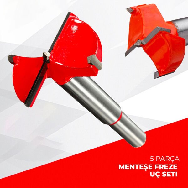 5 Parça Freze Tas Menteşe Yuva Açma Seti Ahşap Delme Çantalı Set