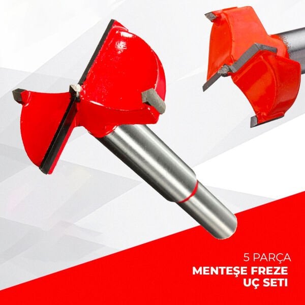 5 Parça Freze Tas Menteşe Yuva Açma Seti Ahşap Delme Çantalı Set