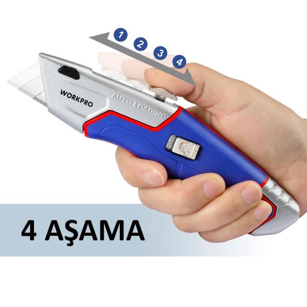 WORKPRO WP213012 Ağır Hizmet Alüminyum Gövde Geri Çekilebilir Rötuş Maket Bıçağı + 4 Adet Yedek Bıçak