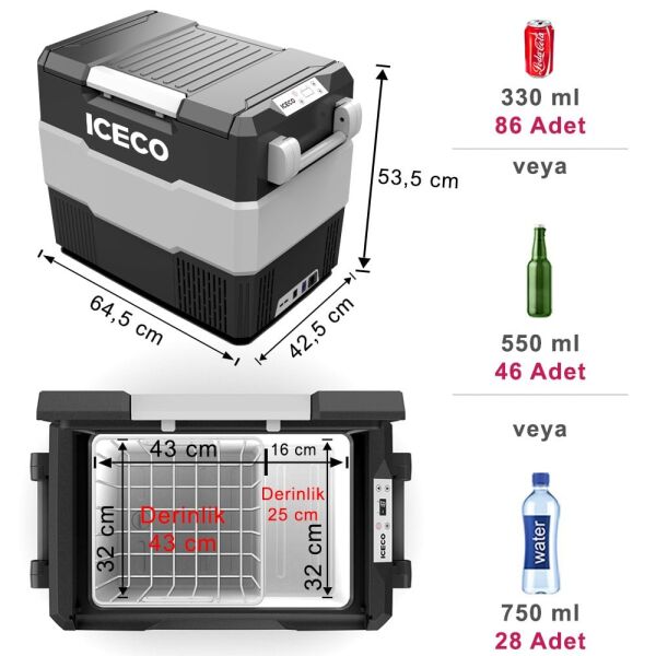 ICECO YCD60S Kompresörlü Araç Buzdolabı 56 Litre 12/24 Volt