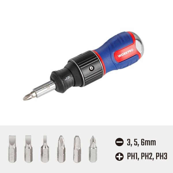 WORKPRO WP221071 6-IN-1 Profesyonel CR-V Cırcırlı Manyetik Topaç Tornavida Seti