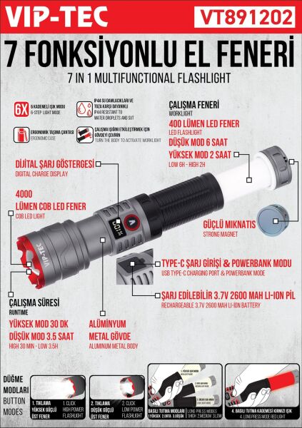 VIPTEC 7 Fonksiyonlu Şarjlı El Feneri (VT891202)