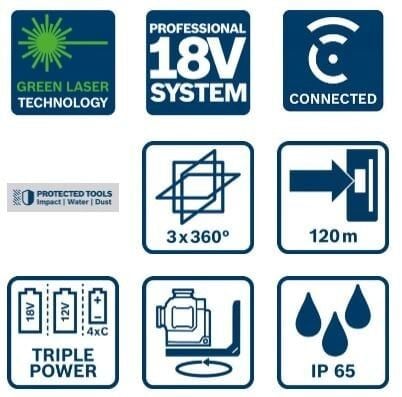 BOSCH GLL 18V-120-33 CG Akülü Yeşil Lazer Terazi 3x360 Derece (Akü ve Şarj Aleti Hariç)