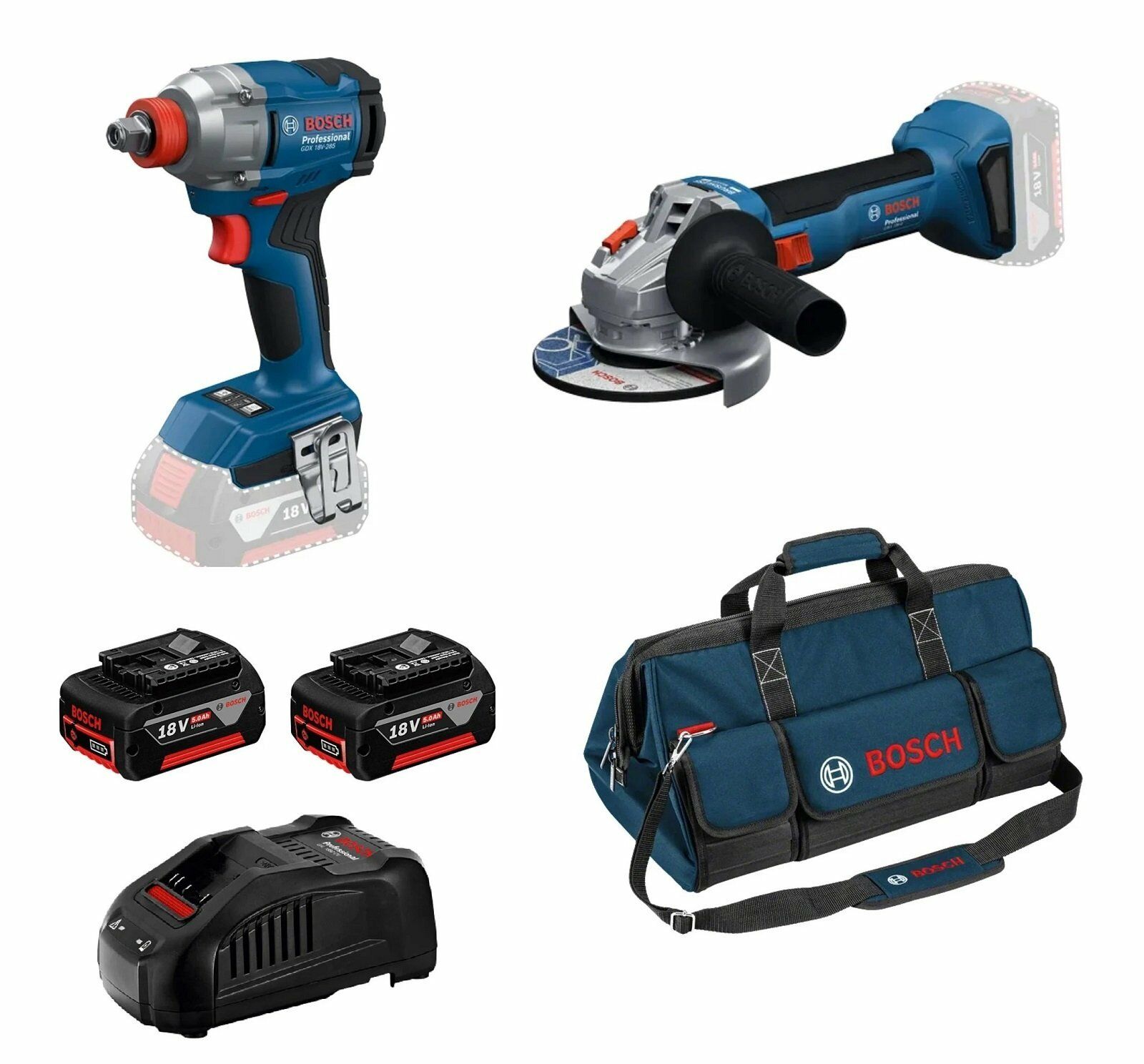 BOSCH GDX 18V-285 + GWS 18V-8 2'li Şarjlı Torklu Vidalama + Avuç Taşlama Seti Çift Akülü 5 Amper